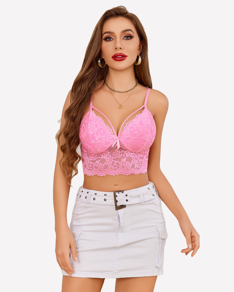Pink lace bralette crop top with adjustable straps and white mini skirt. Sexy lingerie for women.