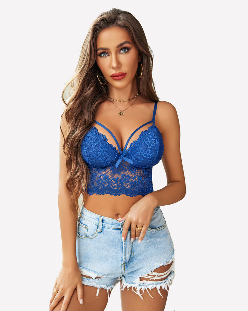 Blue lace bralette and denim shorts. Sexy floral lingerie for women, adjustable straps.