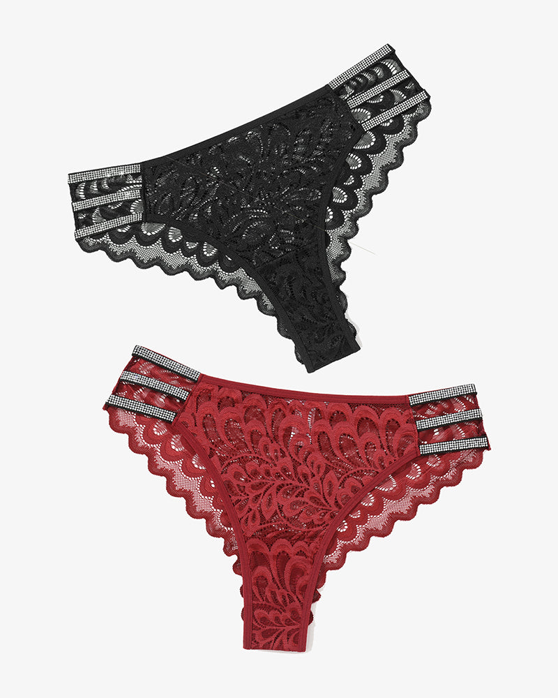 Black and red lace cheeky underwear with rhinestone straps and low-rise waistbands - Avidlove