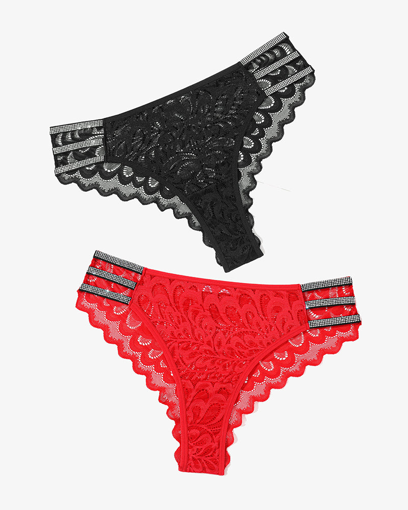 Black and Red Lace Panty Cheeky Underwear with Rhinestone Straps. Sexy and Charming Lingerie.