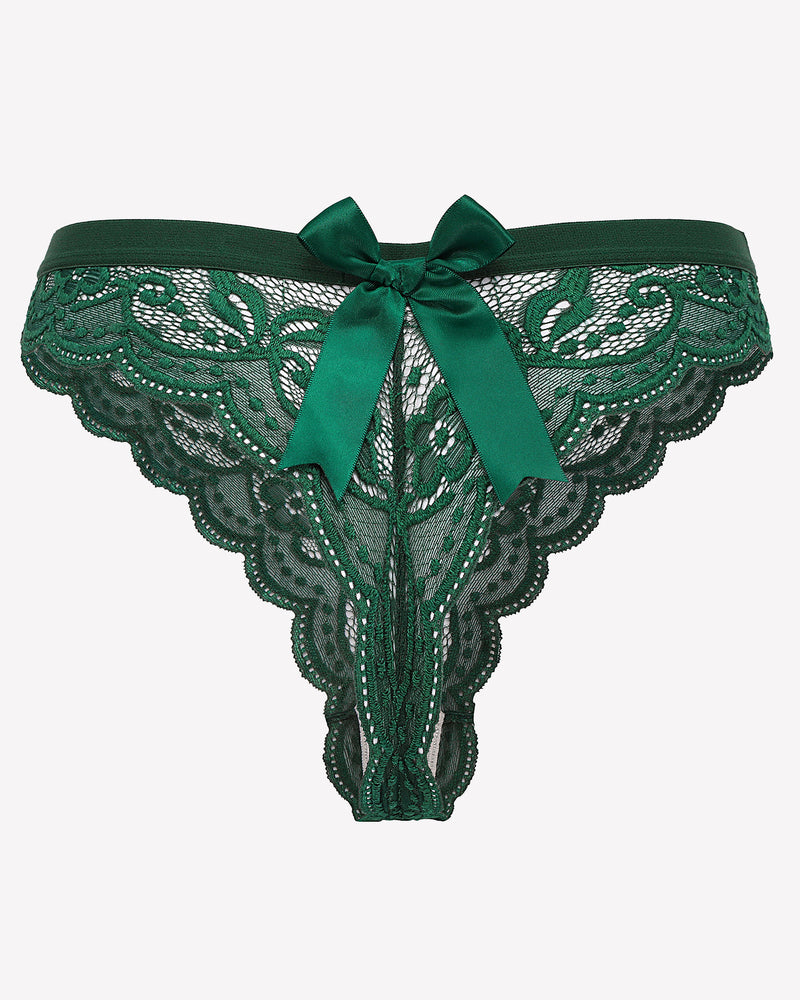 Emerald green lace thong panties with satin bow. Avidlove sexy lingerie for women.