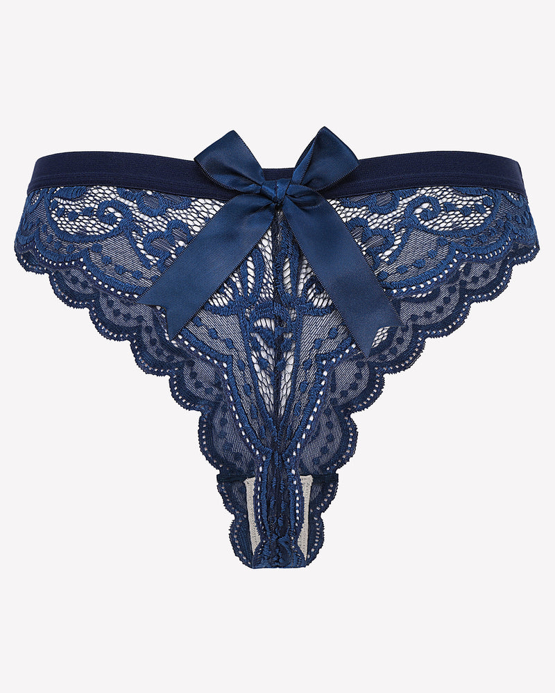 Avidlove dark blue lace thong panties with satin bow. Low waist design, sexy lingerie for women.