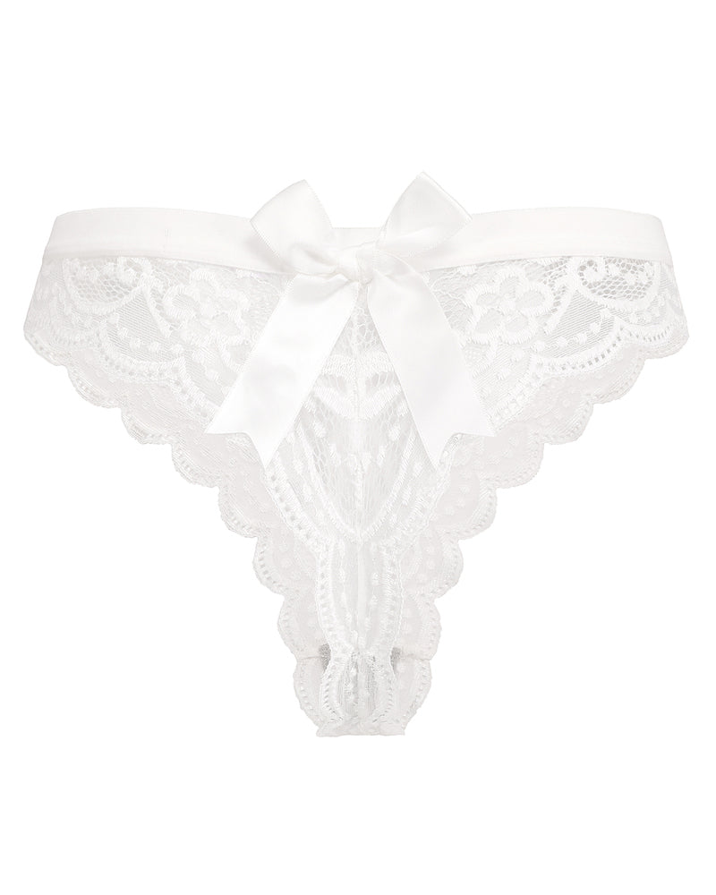 White Avidlove lace thong panties. Low waist with bow and floral lace design. Sexy lingerie.