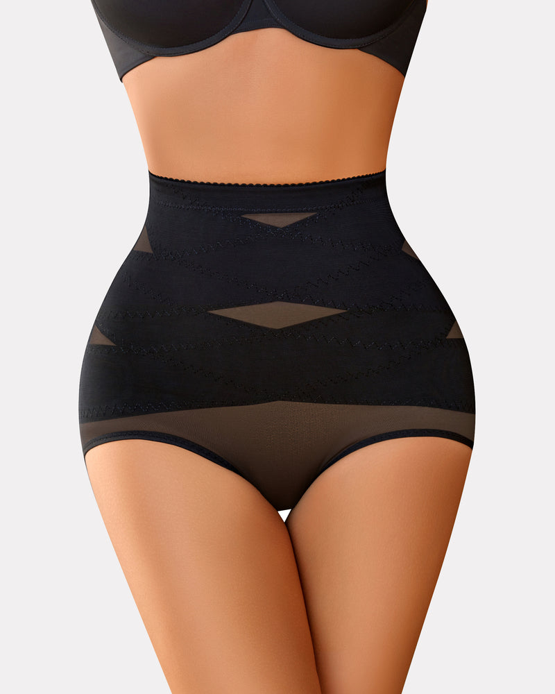 Black high-waisted tummy control thong, criss-cross design, for tummy flattening and shaping.
