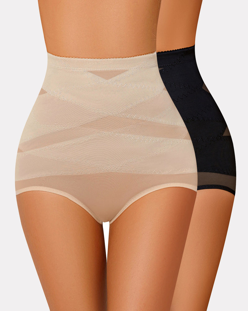 High-waisted tummy control shapewear, beige and black, for tummy flattening and butt shaping