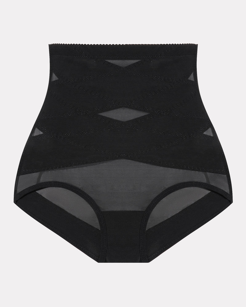High-waisted black tummy control shapewear, criss-cross design for tummy flattening and butt shaping