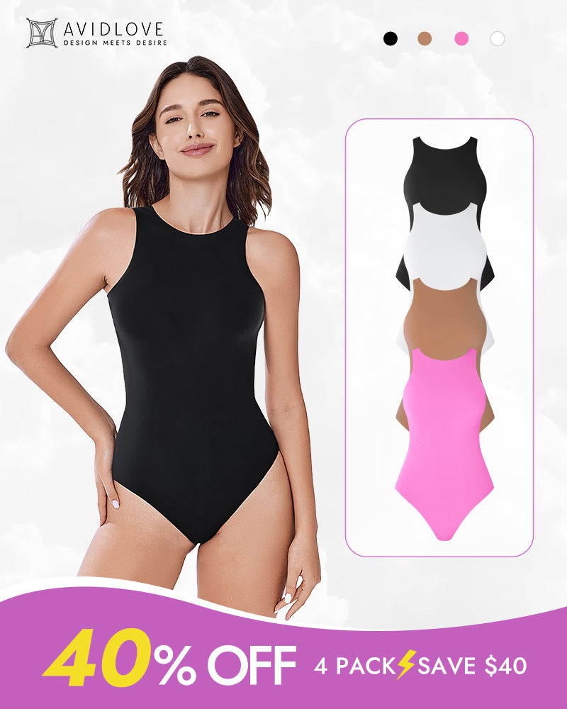 Avidlove Tank Bodysuit, model wearing black. Multiple colors available, featuring 40% off promotion.