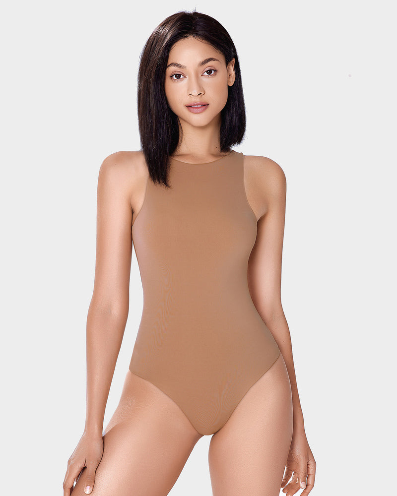 Tan shapewear bodysuit with high neckline, enhancing silhouette, comfortable and breathable.