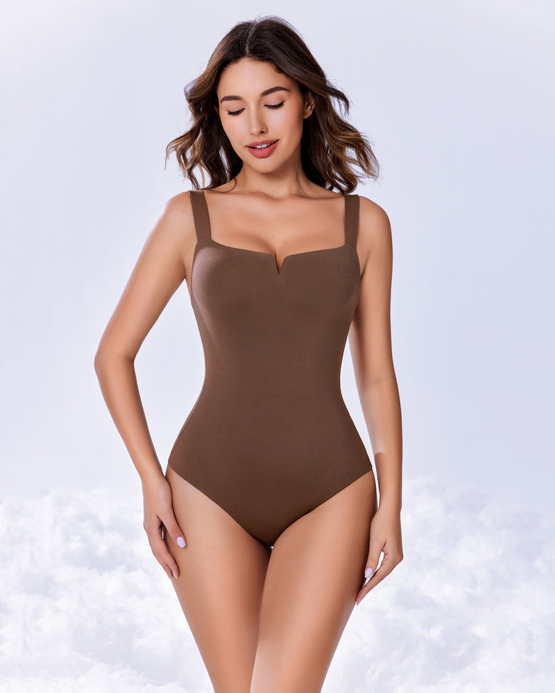 Brown square neck bodysuit shapewear with V-cutout on a model, Avidlove shapewear