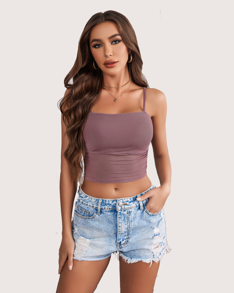 Mauve spaghetti strap tank top, square neck, paired with denim shorts, a flattering and stylish fit.