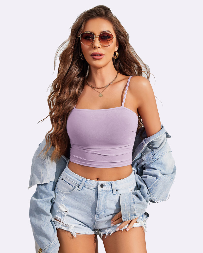 Light purple spaghetti strap tank top with denim shorts and jacket. Stylish and flattering fit.