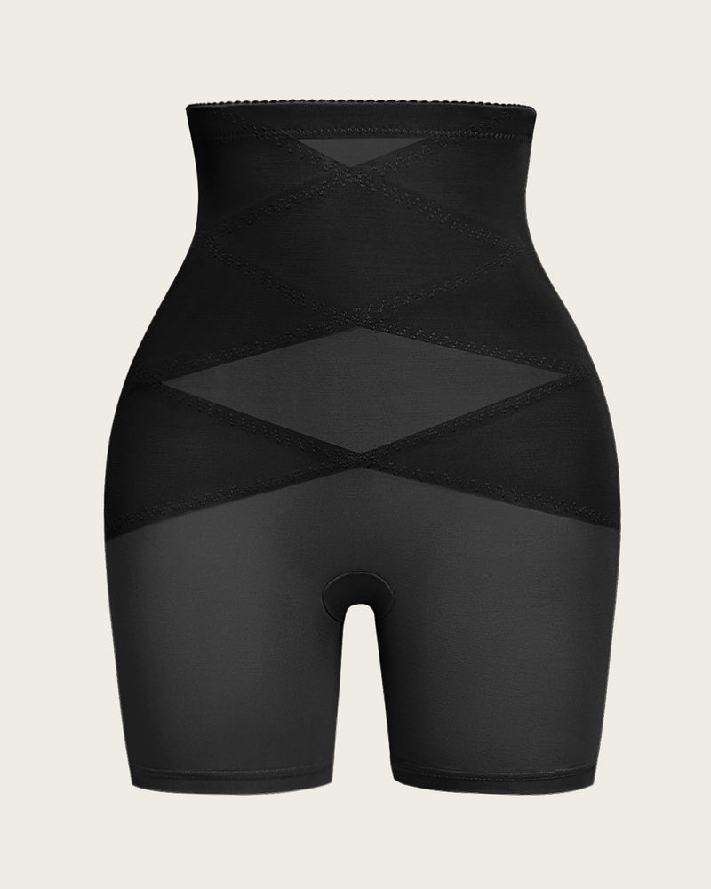 High-waisted black shapewear shorts, tummy control and butt lift, breathable