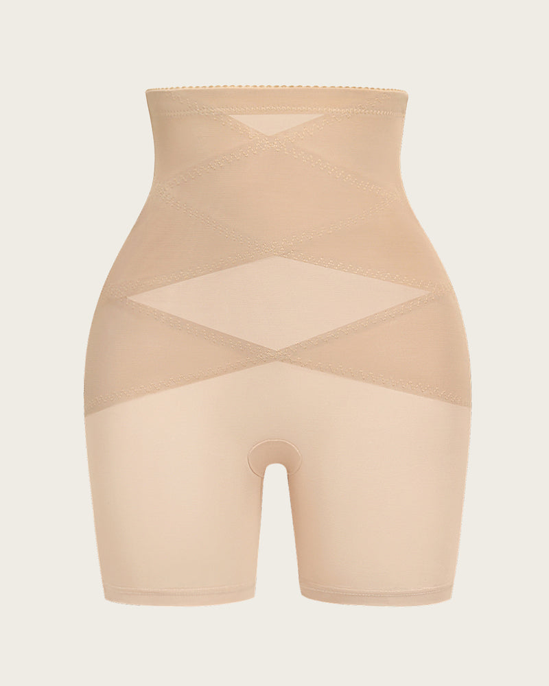 Beige high-waisted tummy control shapewear shorts with butt lift and breathable fabric