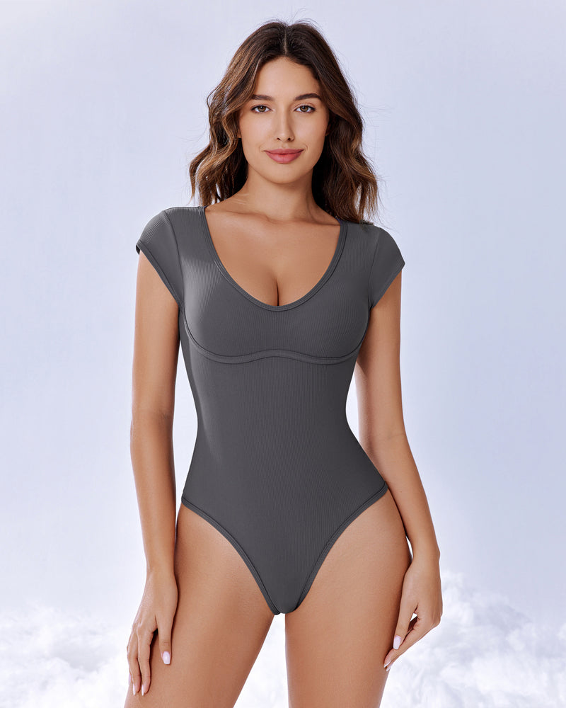 Gray cap sleeve bodysuit for women. Perfect for going out. Comfortable & stylish.