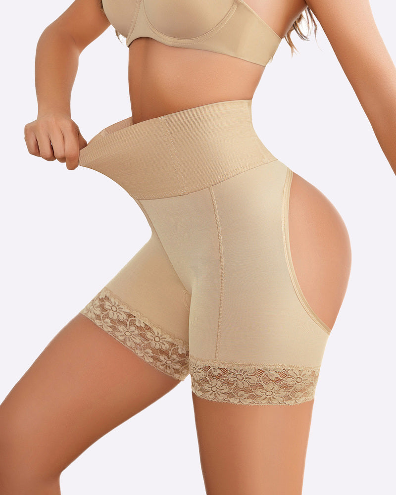 Tummy control high-waisted shorts shapewear in beige, featuring lace trim and a smoothing effect.