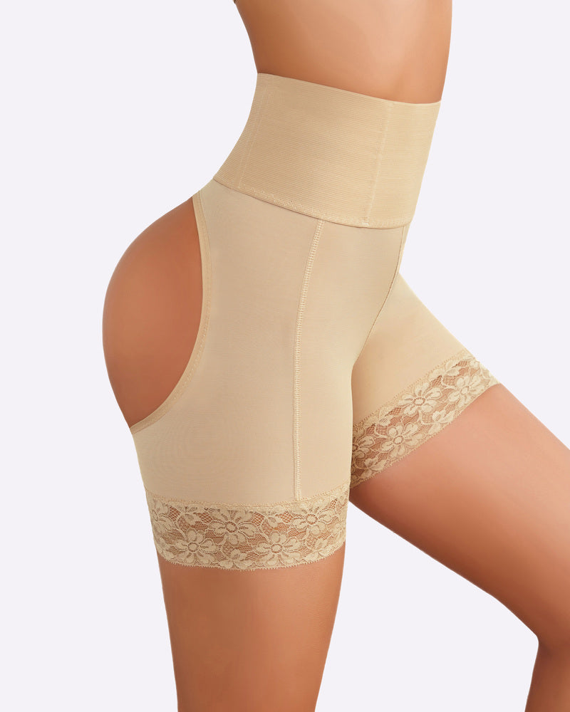 Beige high-waisted shapewear shorts with open back and lace trim, tummy control and smoothing effect