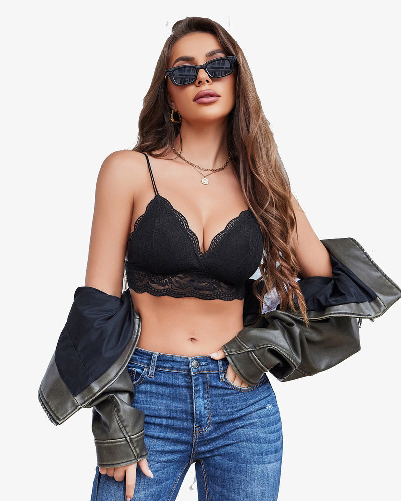 Black lace bralette V neck tank top with adjustable straps, model wearing blue jeans and sunglasses.