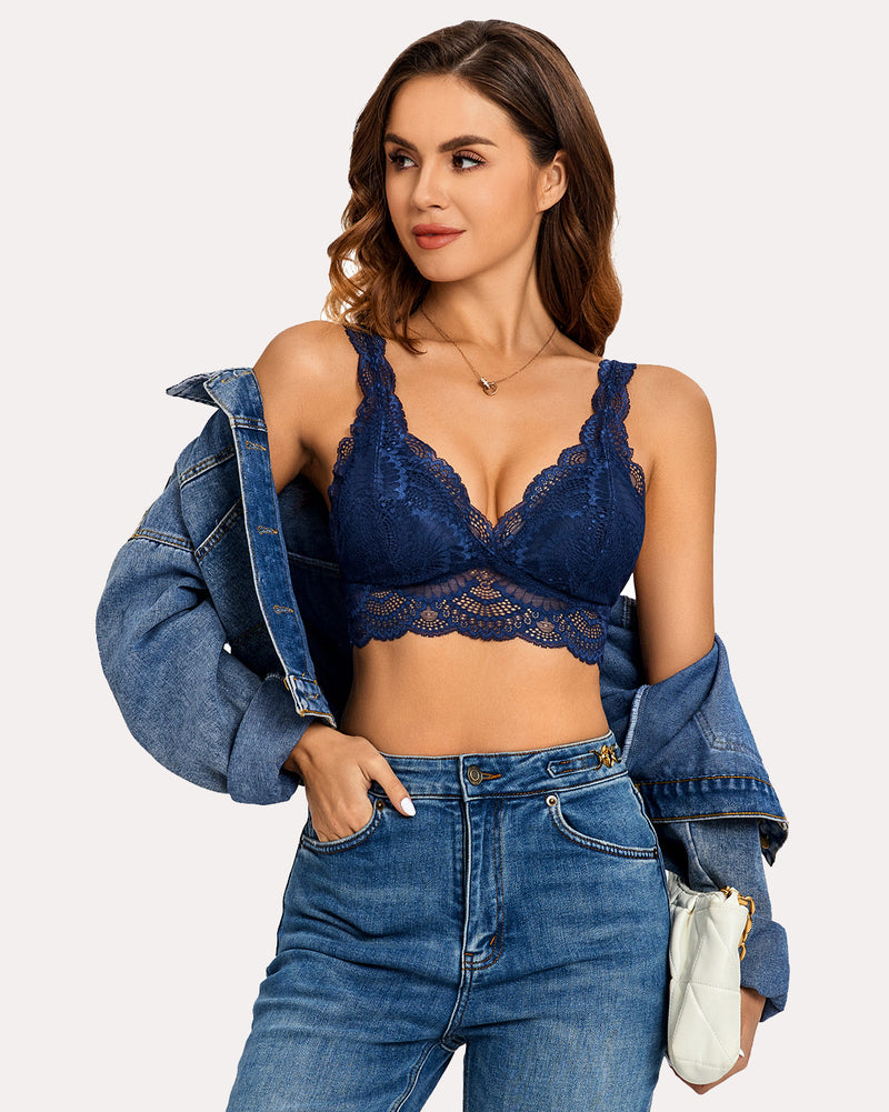 Navy blue lace bralette, deep plunge design with jeans and denim jacket. Avidlove lingerie.