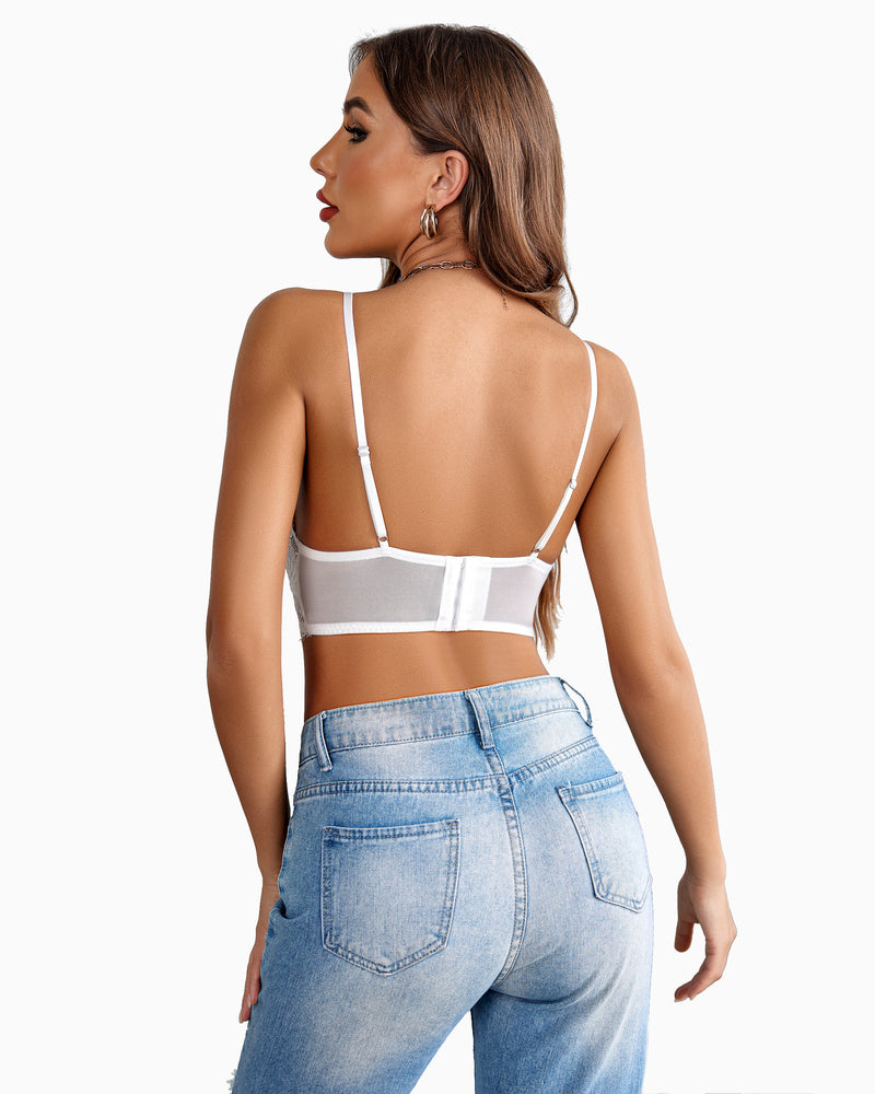 White lace bralette crop top with adjustable straps and denim jeans. Sexy lingerie for A-C cups.