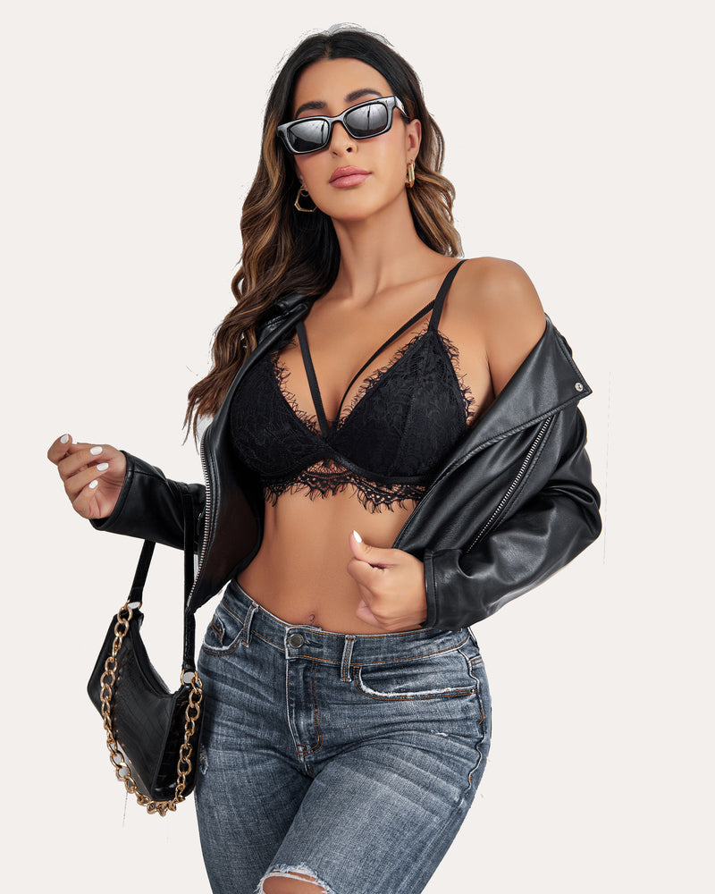 Black lace bralette crop top. Y2K cami style, sexy lingerie with adjustable straps.