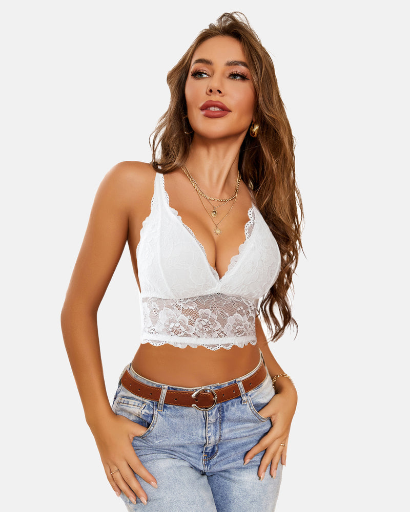White lace V-neck racerback crop top bra with blue jeans, Avidlove confident style