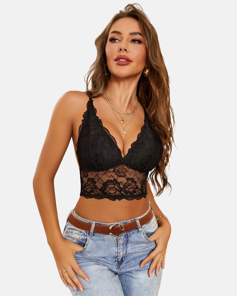 Black lace V-neck racerback crop top bra on woman in jeans. Avidlove lingerie style.