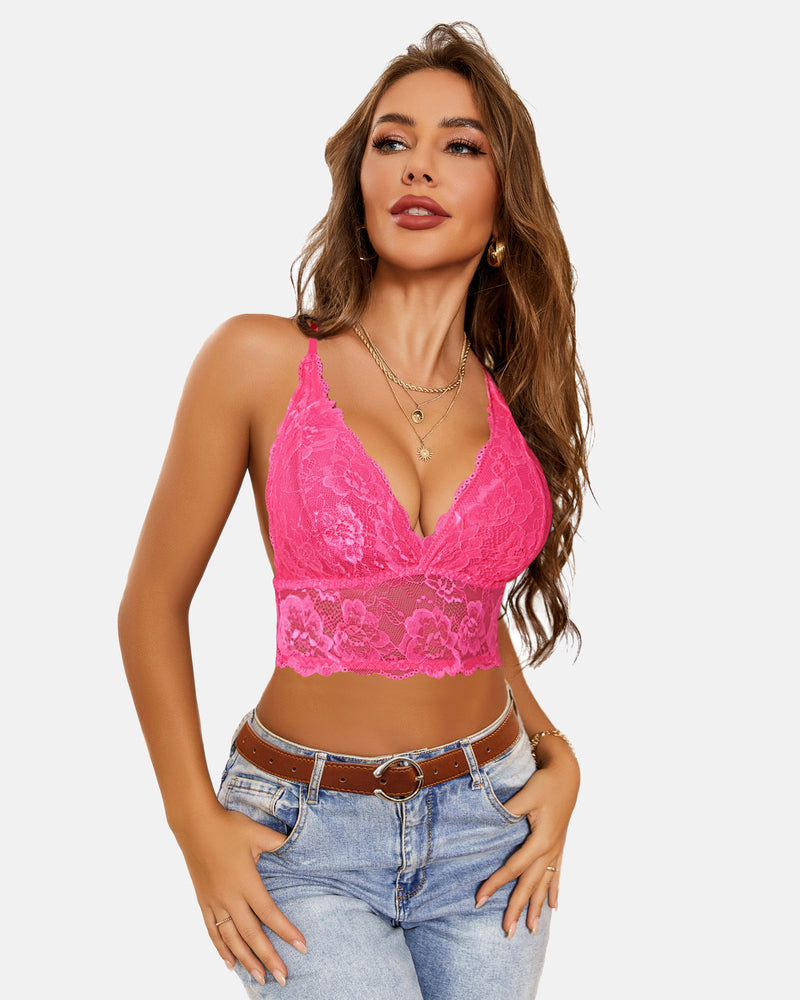 Pink lace racerback bralette with blue jeans. Sexy Avidlove lingerie style.