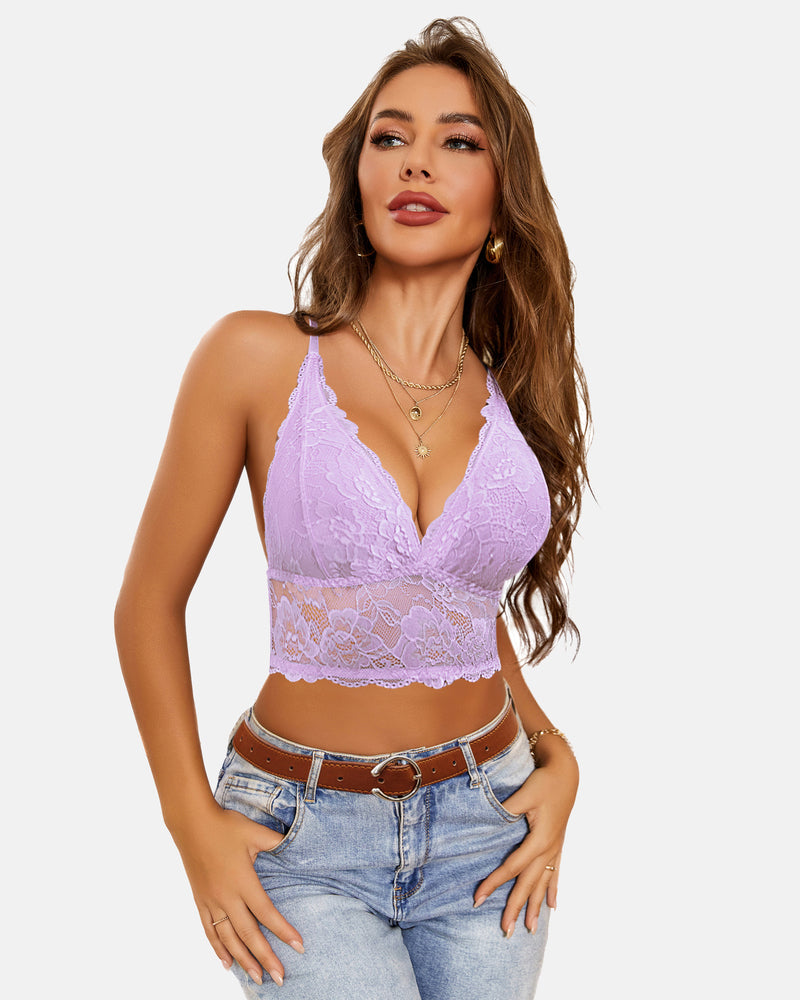 Purple lace V-neck racerback crop top bra, comfortable and confident style, sexy lingerie
