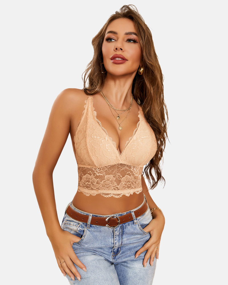 Peach lace V-neck racerback bralette with blue jeans, Avidlove sexy and confident lingerie style.