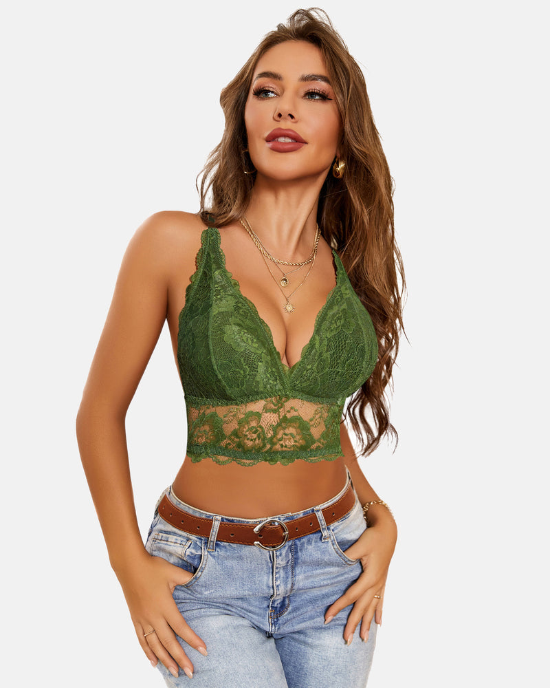 Green lace V-neck racerback crop top bra with blue jeans, Avidlove sexy lingerie, confident style.