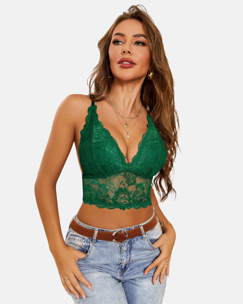 Green lace V-neck crop top bra and blue jeans. Avidlove confident style, comfortable lingerie.