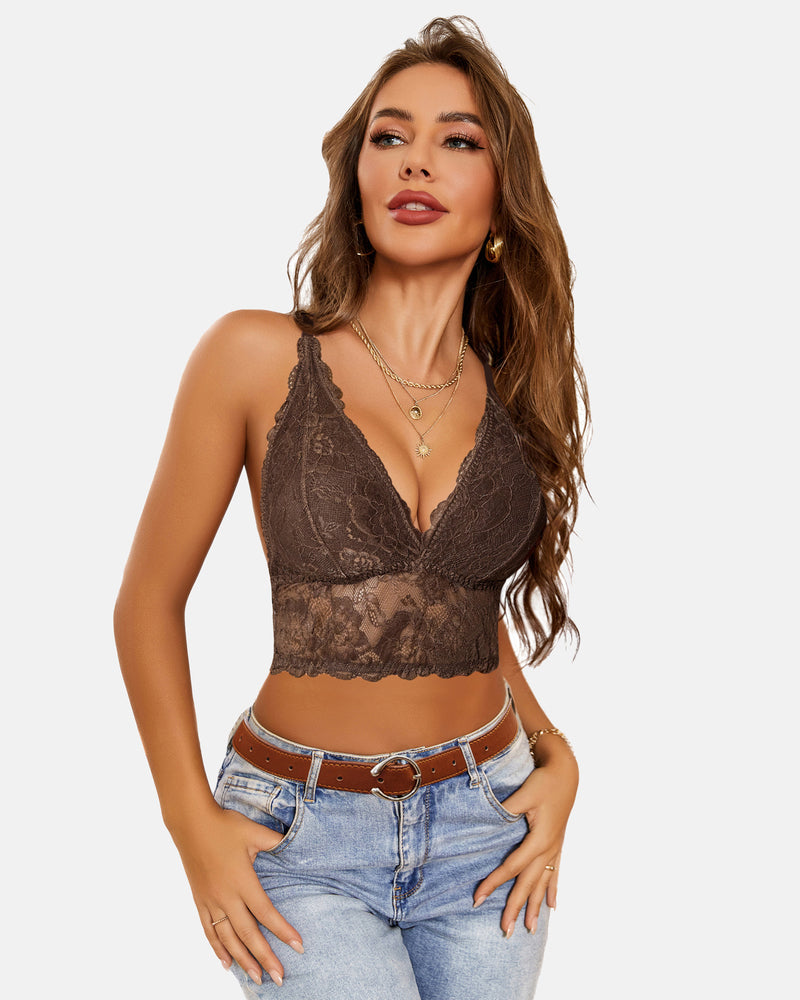 Avidlove Brown Lace Racerback Crop Top Bra with jeans. Confident lingerie style.