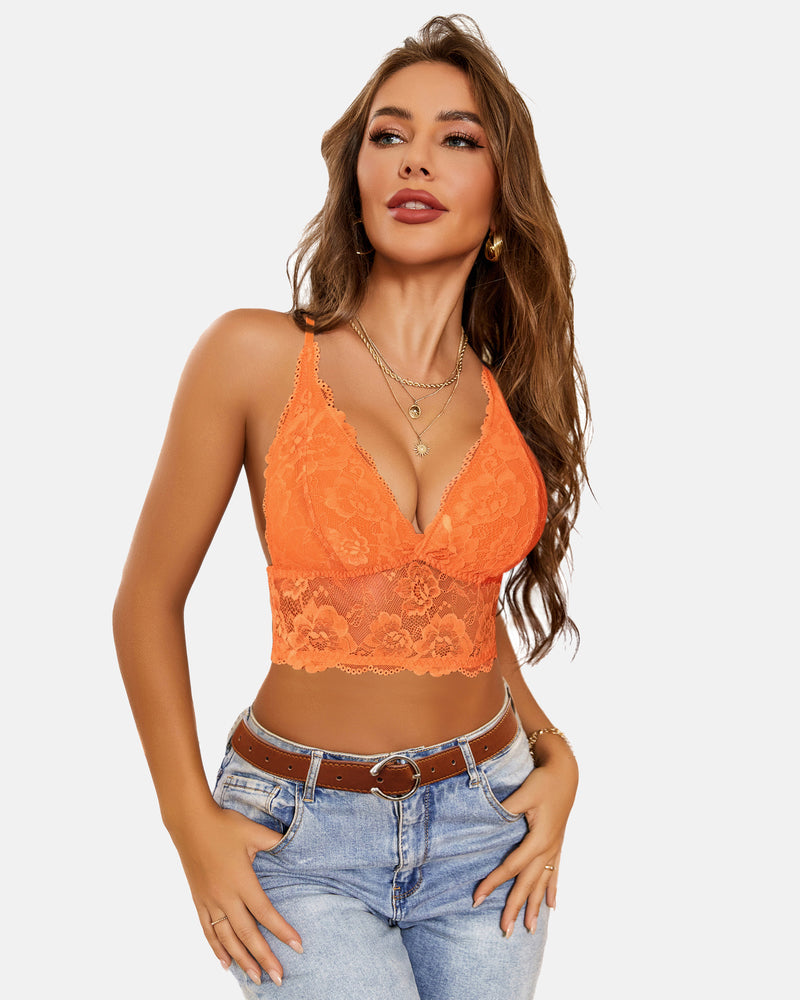 Avidlove orange lace racerback crop top bra with blue jeans. Confident and sexy lingerie style.