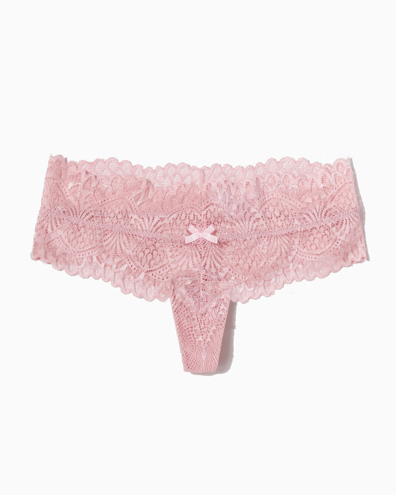Pink floral lace low-waist thong with bow detail, feminine and comfortable lingerie