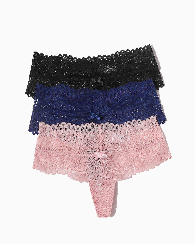 Floral lace low-waist thong panties in black, blue, and pink with bow detail.