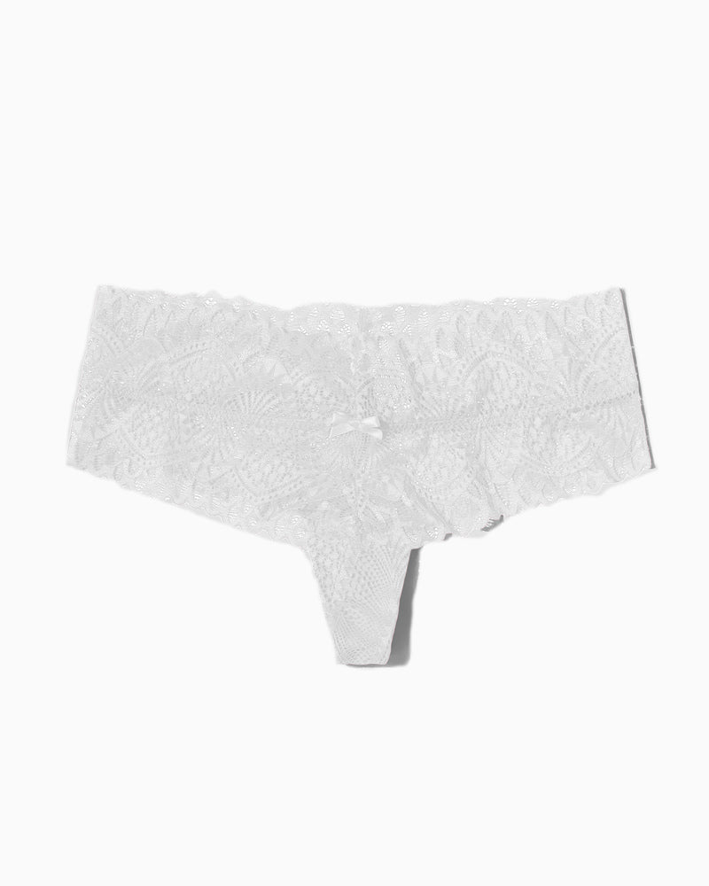White floral lace low-waist thong panties with bow, feminine and comfortable lingerie.