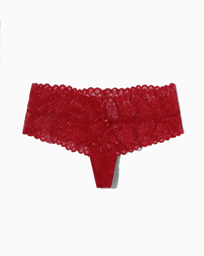 Red floral lace low-waist thong panties with bow detail, feminine lingerie for comfort and style.
