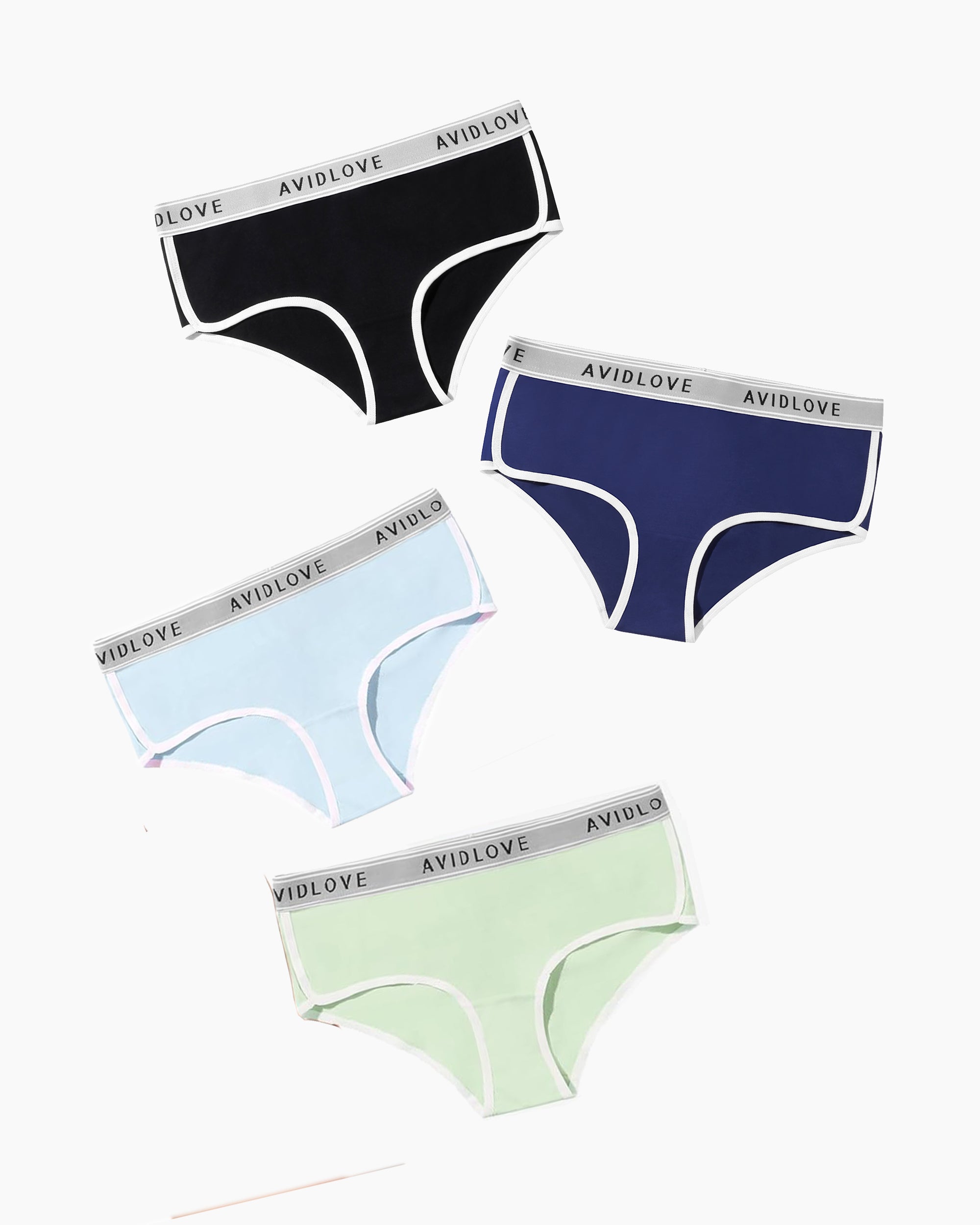 Avidlove hipster panties 4-pack, various colors with white trim and logo waistband.