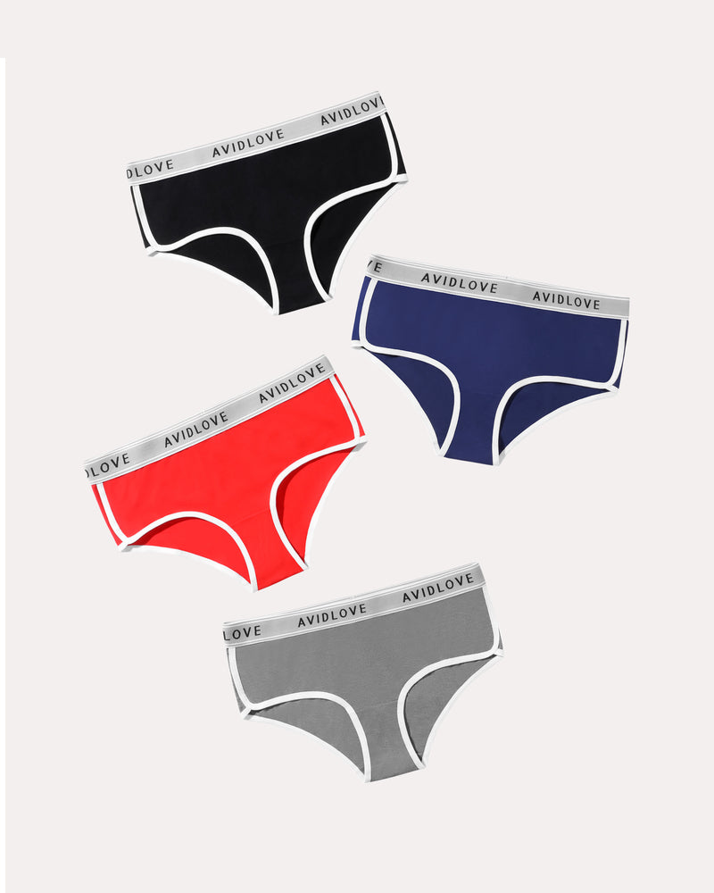Avidlove 4-pack cotton hipster panties in black, red, grey, and blue with white trim
