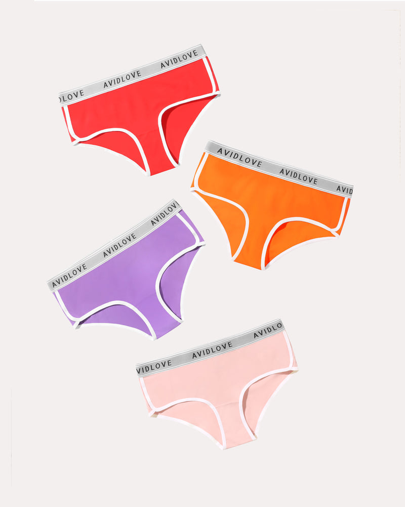 Avidlove Cotton Hipster Panties 4-pack in various colors with white trim and logo waistband