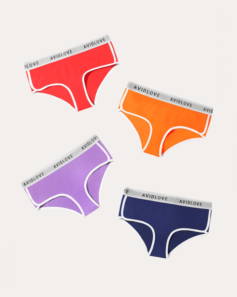 Avidlove 4-pack cotton hipster panties in various colors with white trim and logo waistband
