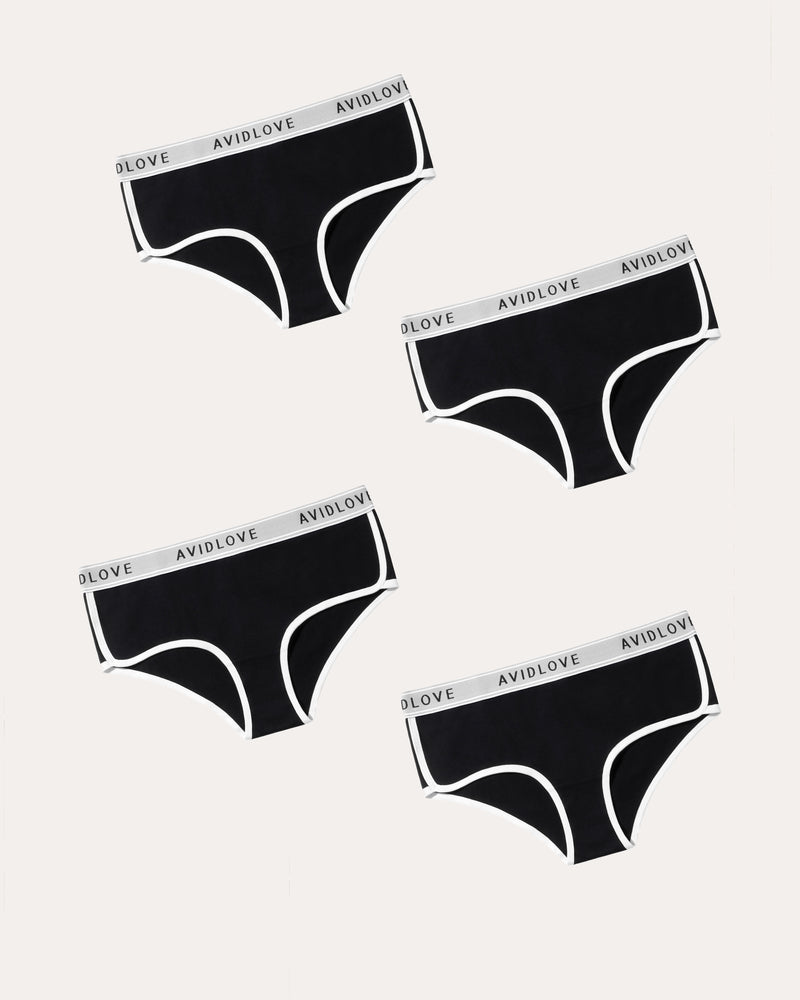 Avidlove 4-pack black cotton hipster panties with white trim, women's underwear