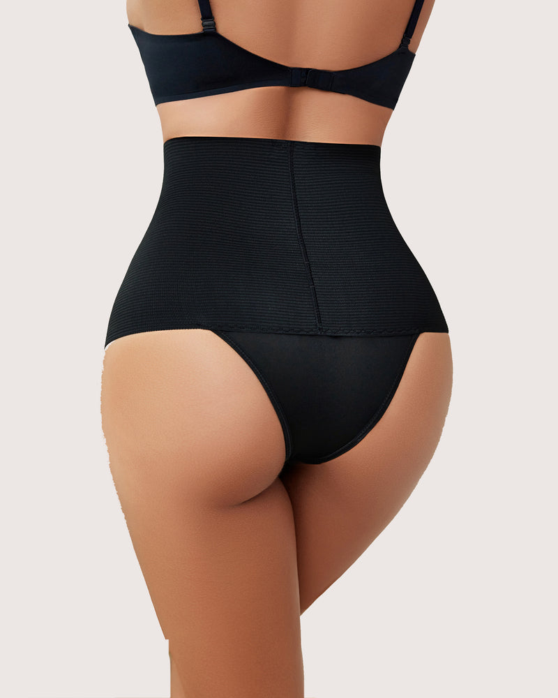 Black high-waisted thong shapewear for tummy control and hourglass figure, perfect for everyday wear