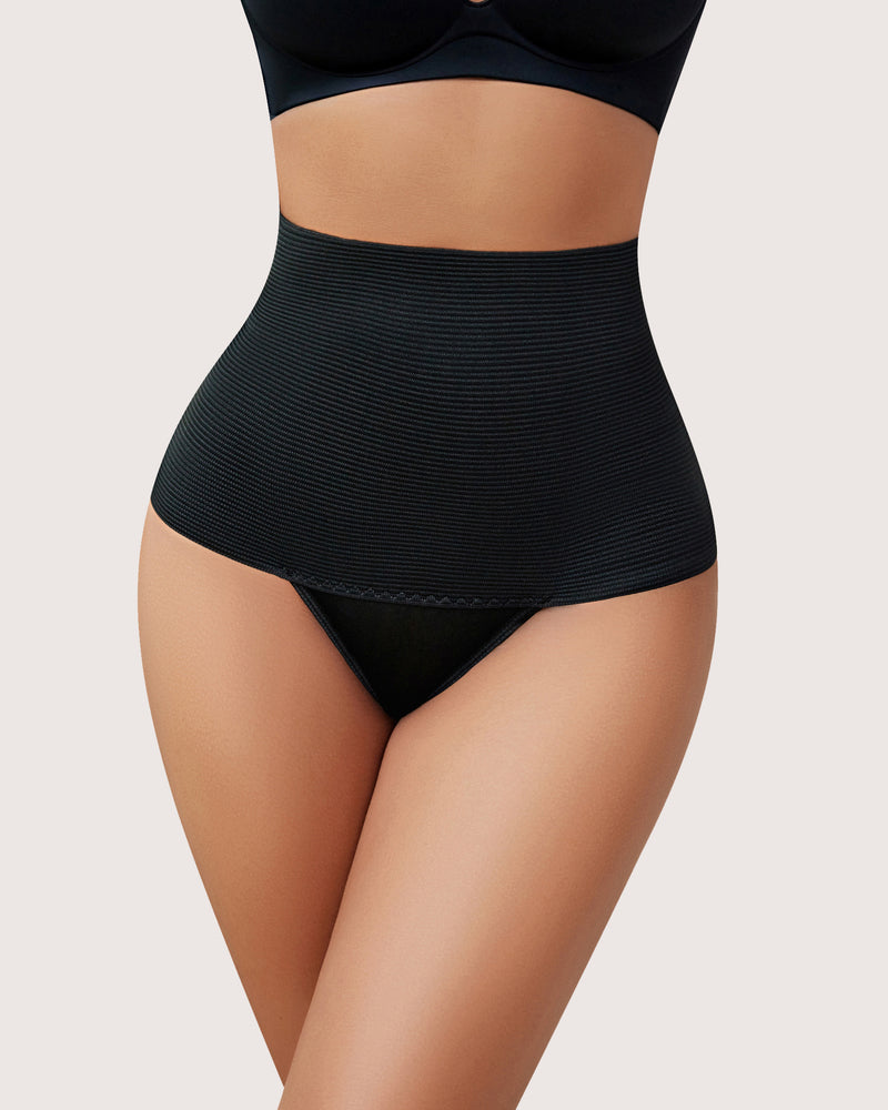 High-waisted black thong shapewear for tummy control and hourglass figure, perfect for daily use.