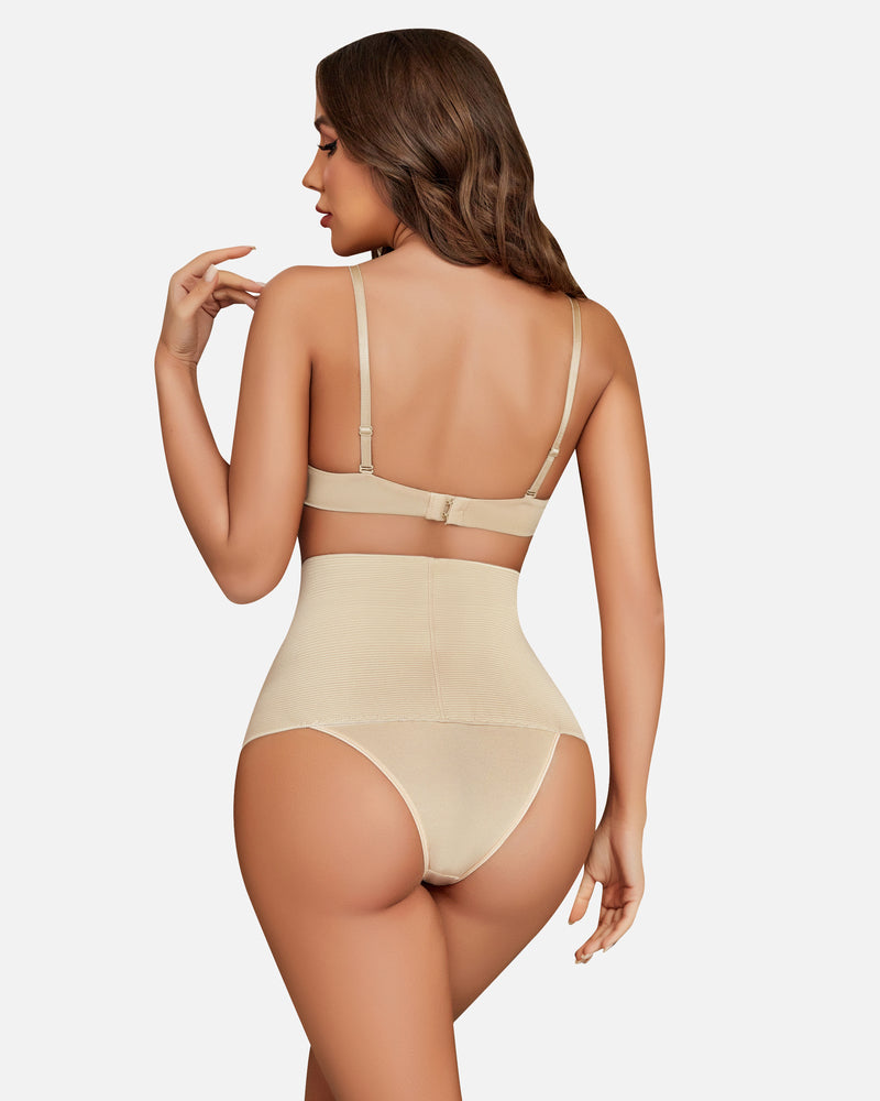 Beige high-waisted thong shapewear for tummy control and hourglass figure, perfect for everyday wear