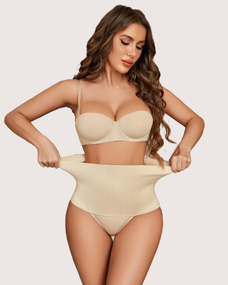 High-waisted beige thong shapewear: Tummy control for hourglass figure, comfortable & confident.