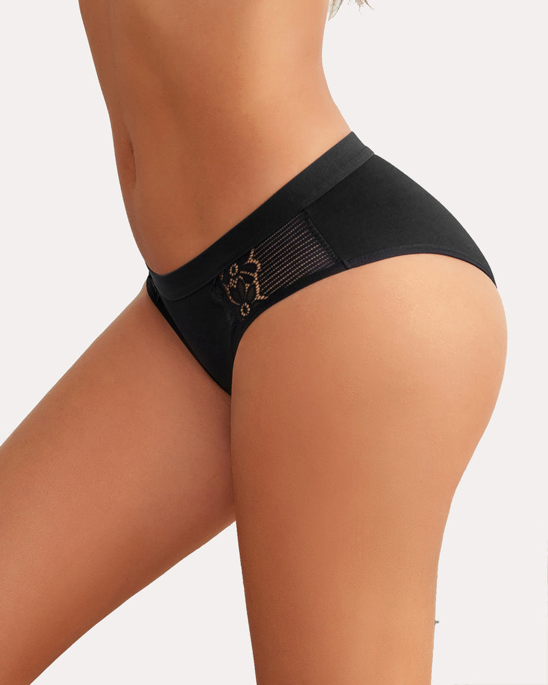 Black cotton hipster tanga brief bikini panties, low rise with lace detail