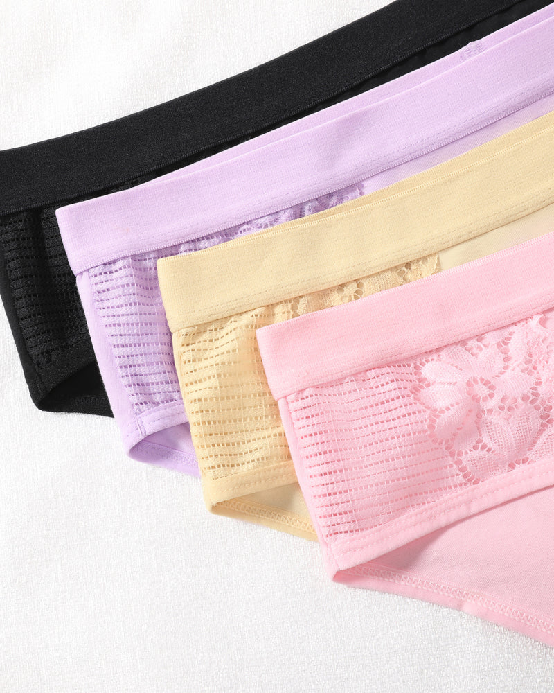 Colorful cotton hipster bikini panties with lace trim in pastel shades, comfortable and stylish.