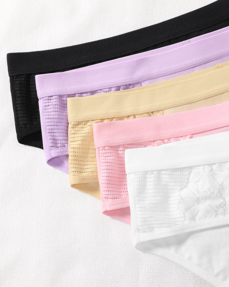 Pastel cotton hipster tanga brief panties with lace detail, multi-color pack, breathable fabric