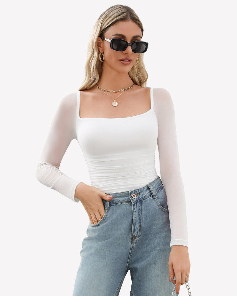 White square neck mesh bodysuit shapewear with ruched detail and jeans. Model in gold jewelry.